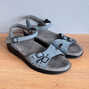 SAS Duo Buckle Leather Slingback Sandals Womens 8.5 M Comfort Summer Blue Denim